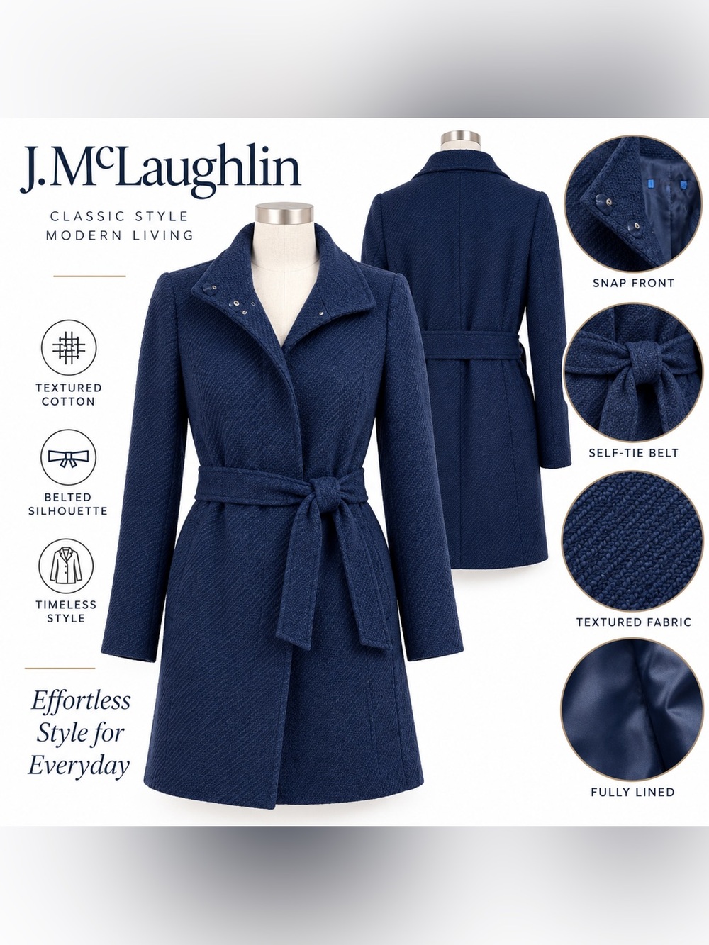 J. McLaughlin Navy Blue Belted Coat Women Small Cotton Textured Jacket